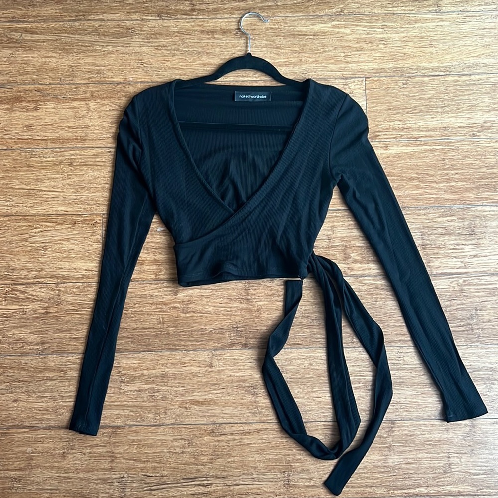 Black Naked Wardrobe Wrapped Crop Top with Tie